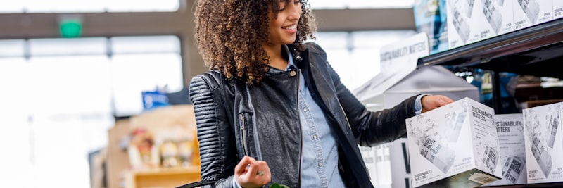 A woman carrying a grocery basket of vegetables picks up a Boxed Water box
